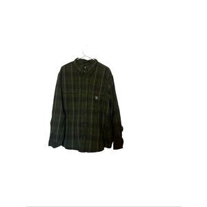 Carhartt Mens Green Plaid Cotton Button Down Loose Fit Flannel Work Shirt XL